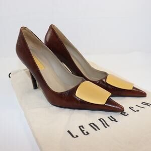 Lenny e Cia Brown Leather Gold Accent Heels Size 6.5